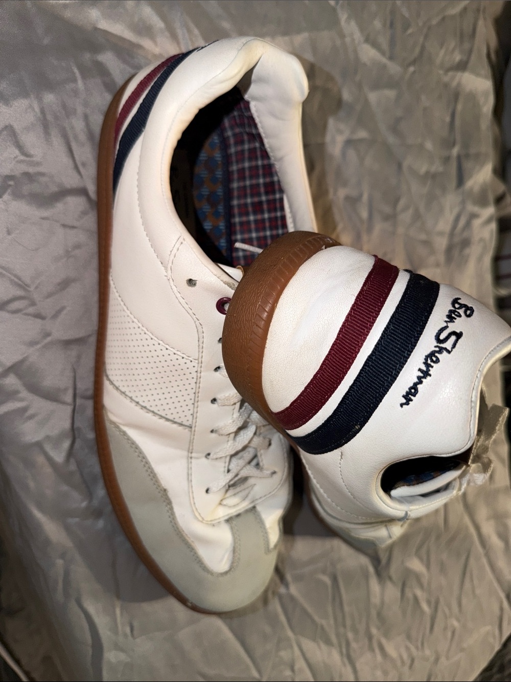 Ben Sherman White Leather Sneakers with Red & Navy Stripes Casual